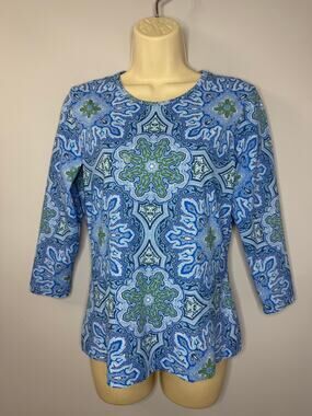 J. McLaughlin Signature Tee Catalina Cloth Top Blue and Green Mandala Sz S